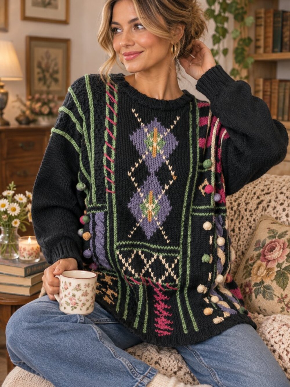 Jill Marlowe L Black Argyle Embellished Ramie Cotton Art to Wear Novelty Sweater